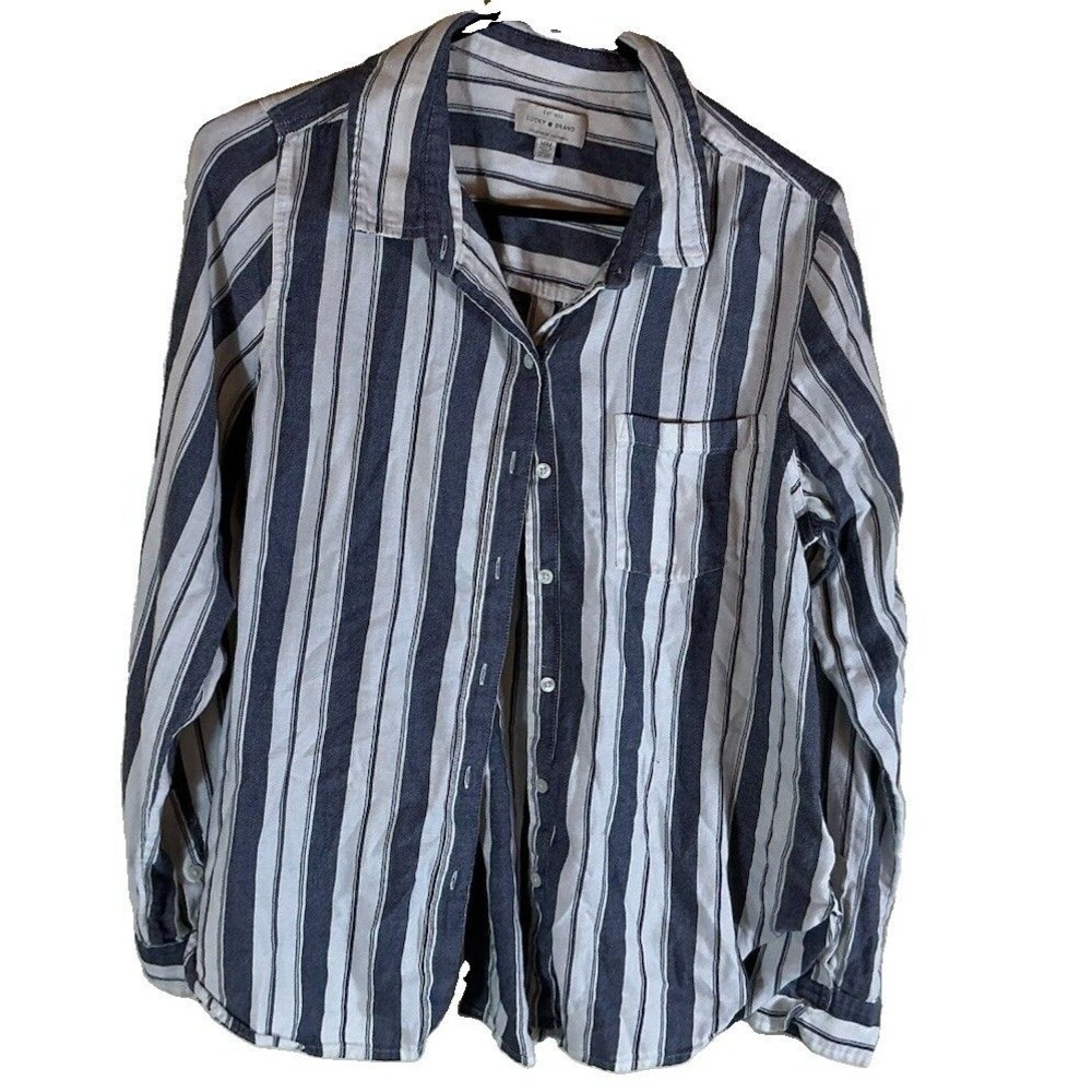 Lucky Brand Mens M Woven Cotton Viscose Striped LS Button-Up Shirt Blue White